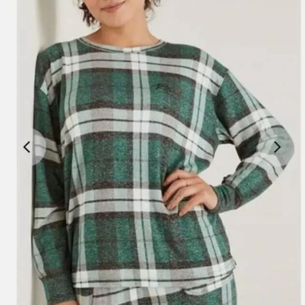 PINK by Victoria Secret Green Plaid GOLD LOGO SOFT COZY Sleep Top Only Womens M